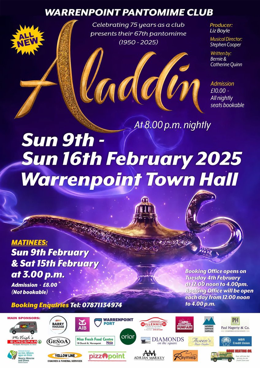 ClubPanto's tweet photo. @frank_broadcast Warrenpoint Panto Club celebrating 75 years as a voluntary Community organisation. Panto 2025 is Aladdin and box office opens Tuesday 4th Feb, 12-4pm #Warrenpoint https://t.co/iayjtkmeGx