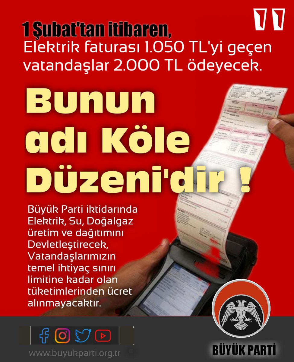 SANKİ MİLLETİMİZ TÜKETTİĞİ ELEKTRİK PARASINI ÖDEMİYORMUŞ GİBİ, AĞIZ KALABALIĞIYLA FATURAYI İKİ KATINA ÇIKARIYORLAR. BUNUN ADI ZULÜMDÜR, SOYGUNDUR. BU TEFECİ UYGULAMA DERHAL İPTAL EDİLMELİDİR.

🔴 1 Şubat'tan itibaren Elektrik tüketiminde sözde yeni bir sisteme geçiliyor. Yeni