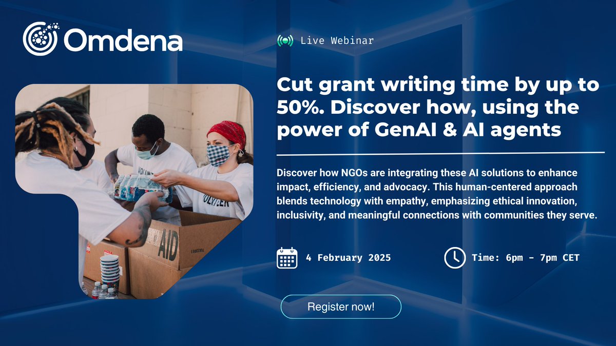 OmdenaAI's tweet photo. Cut Your NGO's Grant Writing Time by Up to 50%!
Join our free webinar on February 4 to discover how GenAI and AI agents can transform your grant writing process.

What to Expect:
✔️ Success stories from NGO's that have adopted AI.
✔️ Practical tips, and strategies to save time and effort on grant writing process to maximize impact.

We’d love for you to be part of this game-changing session
Register here ! 👉 : https://t.co/hzoc3ueTET