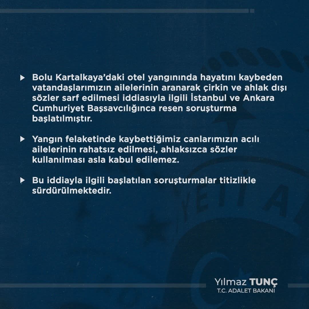 Sevilay75538027's tweet photo. @yilmaztunc 
Bolu Kartalkaya’daki otel yangınında hayatını kaybeden vatandaşlarımızın ailelerinin aranarak çirkin ve ahlak dışı sözler sarf edilmesi iddiasıyla ilgili İstanbul ve Ankara Cumhuriyet Başsavcılığınca resen soruşturma başlatılmıştır. https://t.co/CeQa4kdTph