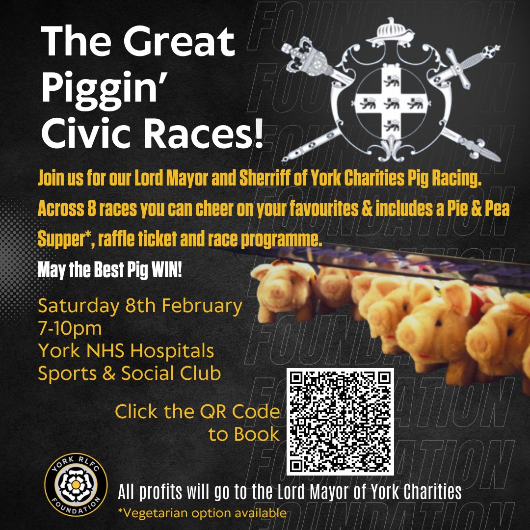 The Great Piggin' Civic Races are nearly here!  

Charge those batteries &amp; may the best pig win! 

All money raised goes to <a href="/LordMayorYork/">Lord Mayor of York</a> Charities.

To Book CLICK HERE: shorturl.at/Rhuww

#WeAreYork