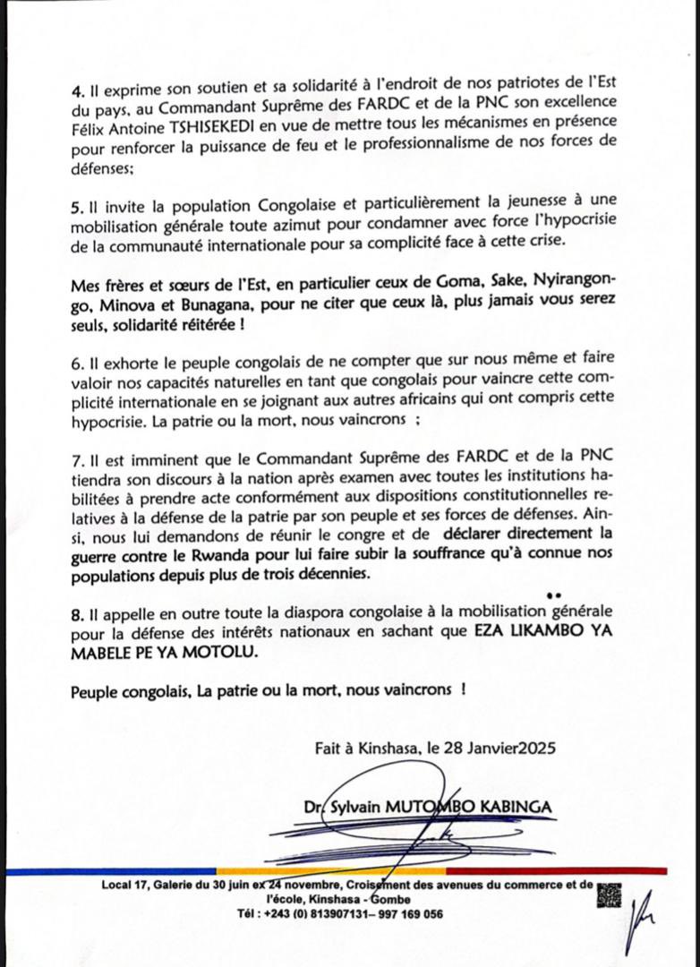 la_une1's tweet photo. #RDC | L’ex - ministre délégué de la defense Sylvain Mutombo demande au Président Tshisekedi "de réunir le Congrès et de déclarer directement la guerre contre le Rwanda pour lui faire subir la souffrance qu’a connue nos populations depuis près de trois décennies". https://t.co/NUFeDAJdbU