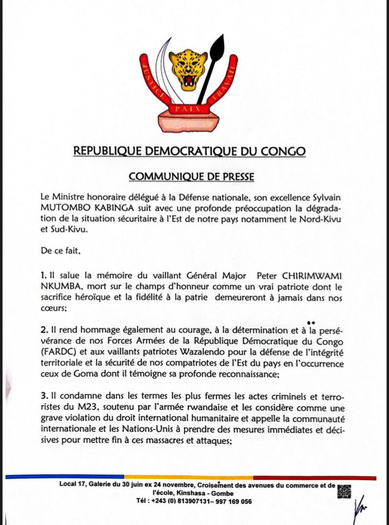 la_une1's tweet photo. #RDC | L’ex - ministre délégué de la defense Sylvain Mutombo demande au Président Tshisekedi "de réunir le Congrès et de déclarer directement la guerre contre le Rwanda pour lui faire subir la souffrance qu’a connue nos populations depuis près de trois décennies". https://t.co/NUFeDAJdbU