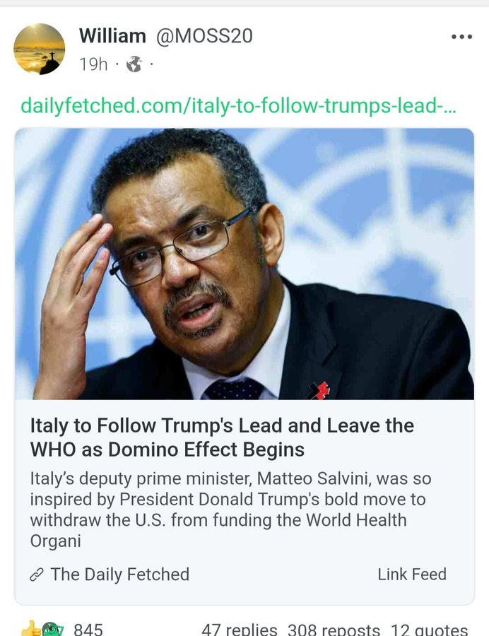 JimFergusonUK's tweet photo. BREAKING: 🚨 ITALY BREAKS RANKS – WILL THE WHO SURVIVE? 🚨
In a bold and unprecedented move, Italy is reportedly preparing to follow President Trump’s lead and withdraw from the World Health Organization (WHO)—a move that could send shockwaves through the globalist elite.
Deputy Prime Minister Matteo Salvini is calling out the corruption, mismanagement, and alarming overreach of the WHO, an organization that has been accused of serving the interests of billionaires and unelected bureaucrats rather than public health.
If Italy moves forward, it won’t be alone. Nations across the world are watching closely, and this could be the first domino to fall.
The globalists are scrambling—what happens when country after country refuses to bow to their dictates?
🔹 Did the WHO’s COVID mismanagement push Italy to this decision?
🔹 Are more nations preparing to walk away from WHO’s overreach?
🔹 Could this be the beginning of the end for the WHO’s global power?
One thing is certain: the people are waking up. The elites in Geneva are panicking. And the great unraveling of the globalist grip on world health policy may have just begun.
Is this the beginning of the end for the WHO? 🤔