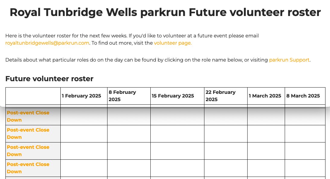 Help! We have a problem.
As you can see from this artfully put together pair of screenshots, we have an absence of volunteers for close down.
If you're able to volunteer this week or any future week, please email royaltunbridgewells@parkrun.com
Thanks!
parkrun.org.uk/royaltunbridge…