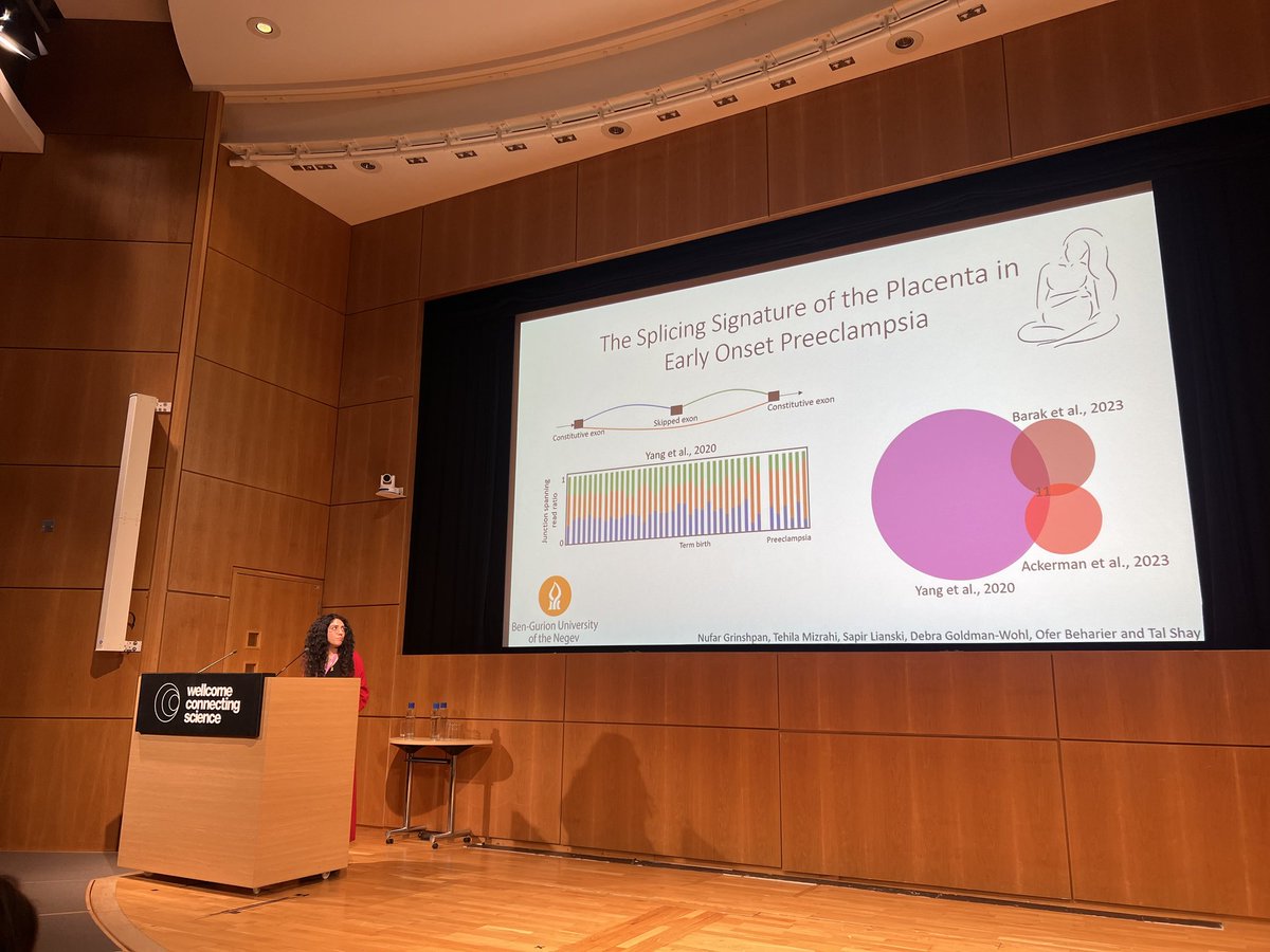 tal_shay's tweet image. My student Nufar Grinshan presenting her search for splicing differences in placentas of preeclampsia in #WomensHealth2025
