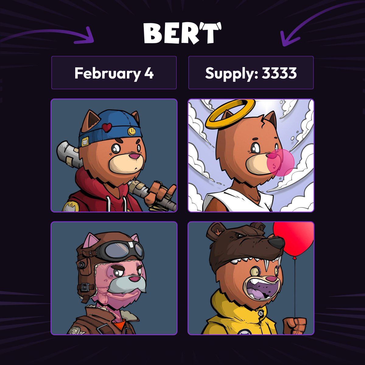 The $BERT NFT collection is almost here!

- Supply: 3,333
- Mint Price: 0.1 SOL
- Mint Date: 4th Feb
- Launchpad: <a href="/MagicEden/">Magic Eden 🪄</a>

If you hold 10K $BERT, you’re eligible for a whitelist spot. Snapshots are happening in the coming days, so make sure to hold on to your $BERT.
