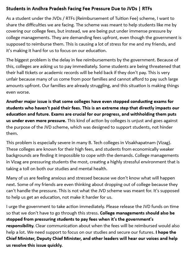 SFI_AP's tweet photo. " Students in Andhra Pradesh Facing Fee Pressure! 😟 #MTFs #RTFs #JVDs"
Respected Chief Minister of Andhra Pradesh,Shri 
@ncbn sir
@PawanKalyan sir
@naralokesh sir
@RamMNK sir
#APStudents #FeeReimbursement #RTF #StudentStress #VizagColleges #GovernmentSupport https://t.co/RY4nRDS5A4