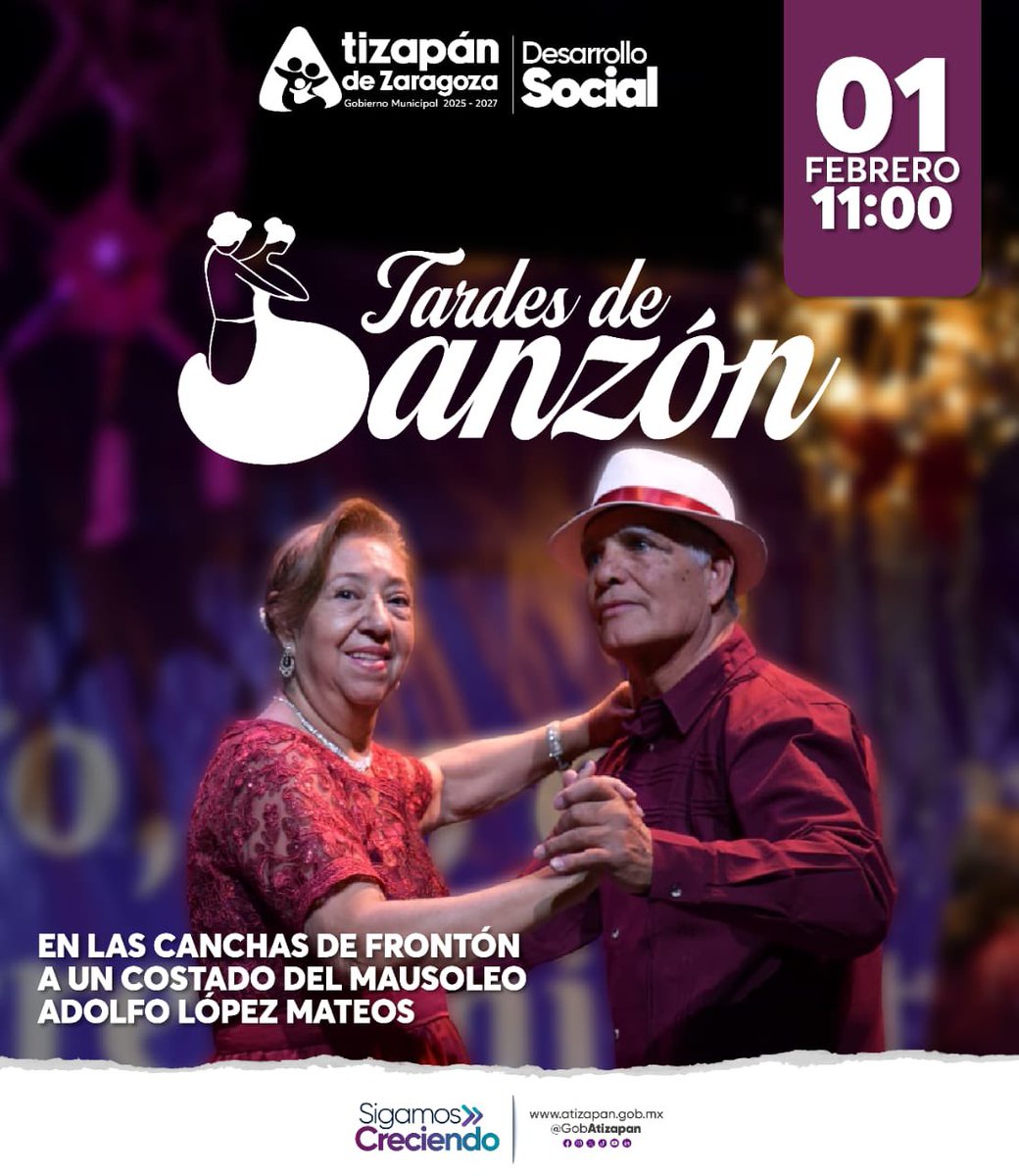 GobAtizapan's tweet photo. 💃🏻Te invitamos a asistir a las #tardesdedanzon este 1ro de febrero a las ⏰ 11:00 del día en la canchas de frontón a un costado del Mausoleo Adolfo López Mateos 🕺🏻

#SigamosCreciendo https://t.co/ZhsAxbSJO0