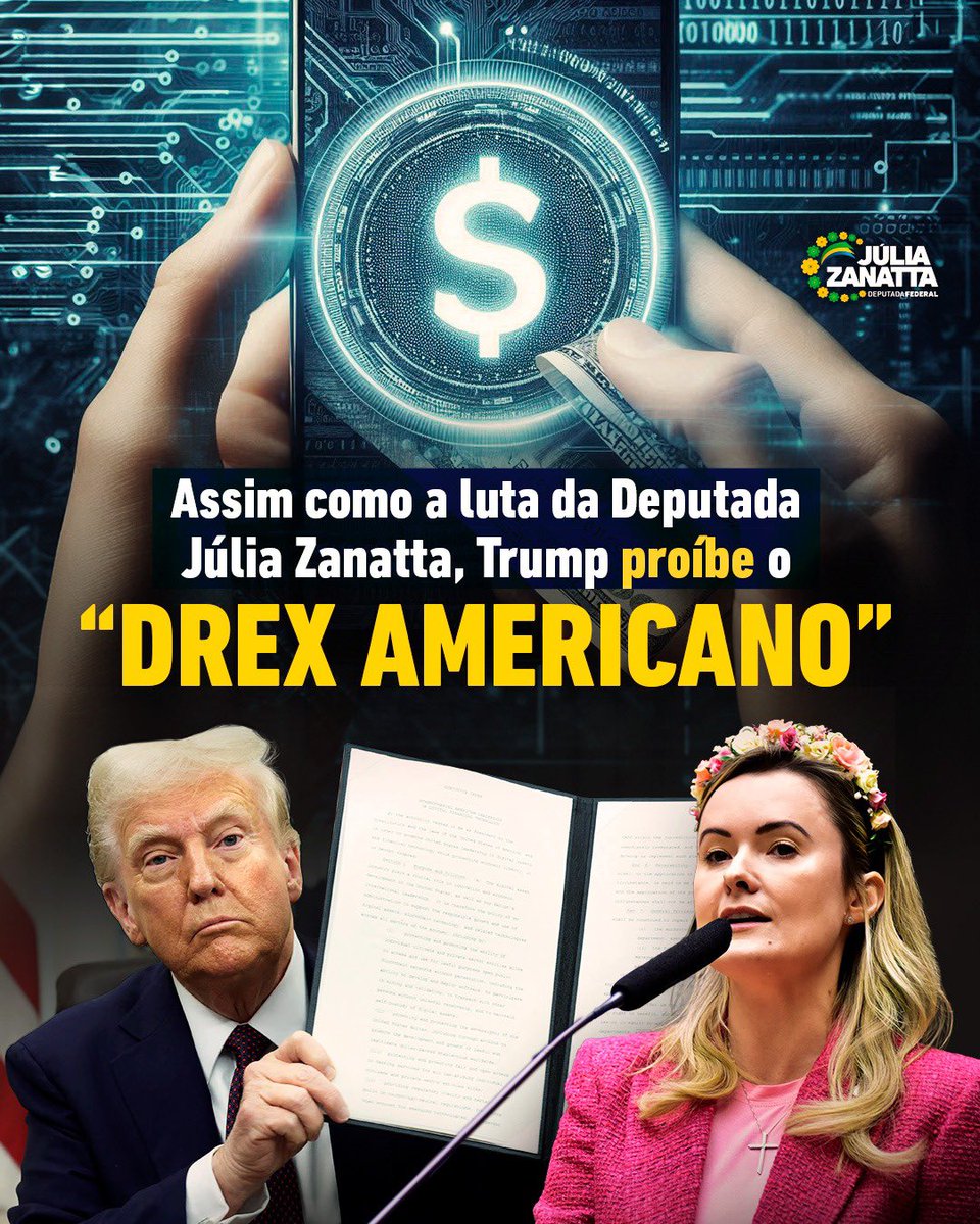 apropriajulia's tweet photo. Trump barra moeda digital estatal nos EUA

Donald Trump assinou um decreto que impede o Federal Reserve de criar uma moeda digital estatal.

No Brasil, o Banco Central avança com o Drex, uma moeda digital programável que ameaça nossa liberdade financeira. Para impedir sua implementação, apresentei o Projeto de Lei 3341/2024, que proíbe a extinção do papel-moeda em favor de uma moeda digital.

Também estou propondo uma PEC que exige aprovação de maioria qualificada no Congresso para a criação, emissão e circulação de qualquer moeda digital pelo Banco Central.

Moedas digitais programáveis podem monitorar e restringir como você gasta seu dinheiro, comprometendo sua privacidade e autonomia. Essa luta é pela liberdade, e conto com você para vencê-la.