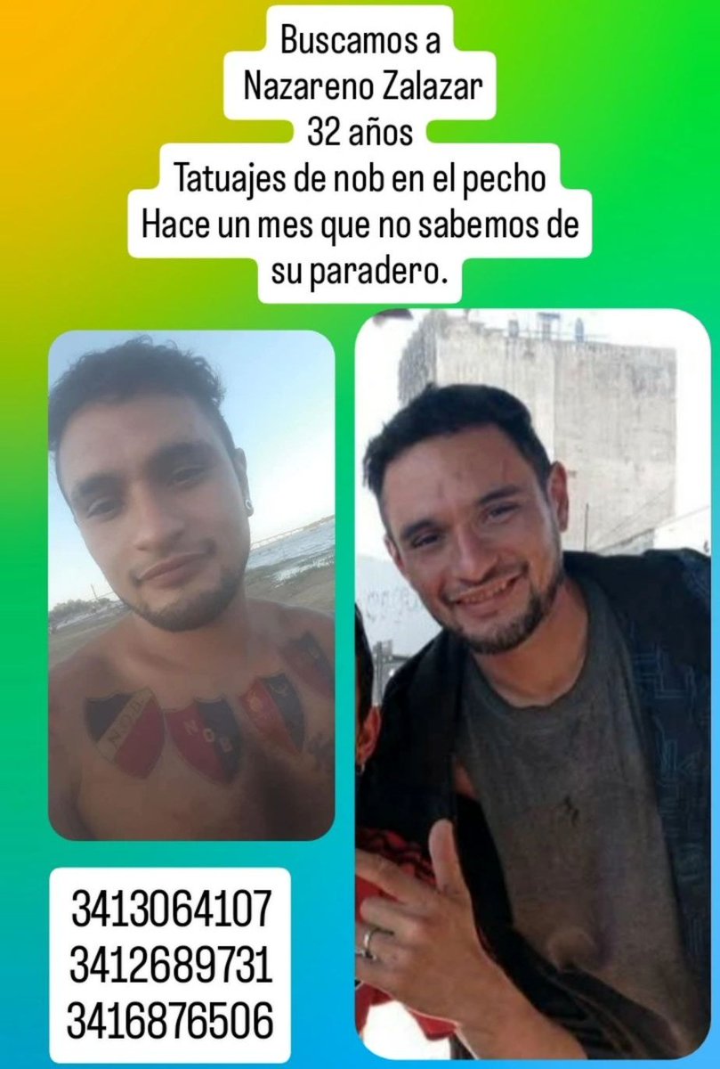 Ayuda
La familia busca a NAZARENO ZALAZAR, hace un mes que no tienen noticias de él. 
Si lo viste o tenés info podes ponerte en contacto con alguno de estos números.
Gracias por compartir🙌🏽