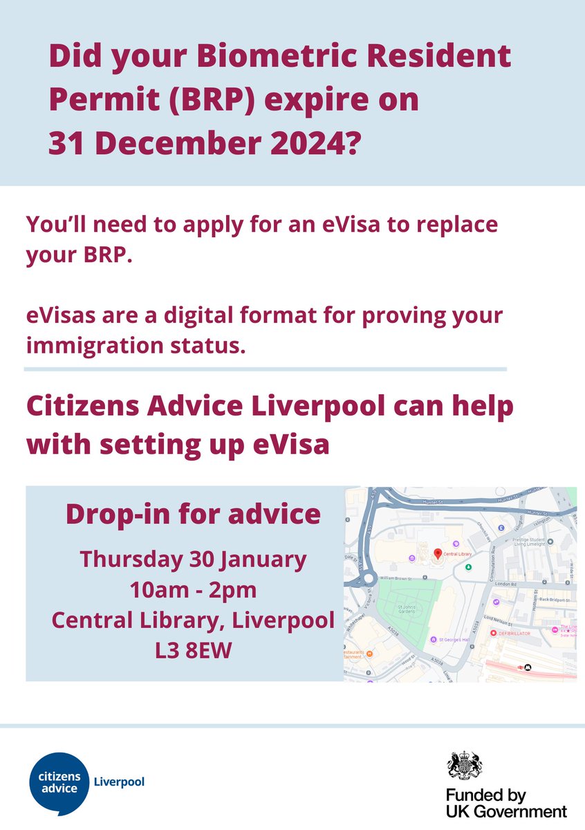 Citizens Advice Liverpool (@caliverpool_) on Twitter photo On Thursday 30 January, we will be holding an eVisa advice drop-in <a href="/Lpoolcentlib/">Liverpool Central Library and Archives</a>
If your BRP expired on the 31 December 2024, you'll need an eVisa to prove your right to work, rent, access the NHS or claim benefits.
Come and chat with us for guidance 👋 On Thursday 30 January, we will be holding an eVisa advice drop-in <a href="/Lpoolcentlib/">Liverpool Central Library and Archives</a>
If your BRP expired on the 31 December 2024, you'll need an eVisa to prove your right to work, rent, access the NHS or claim benefits.
Come and chat with us for guidance 👋