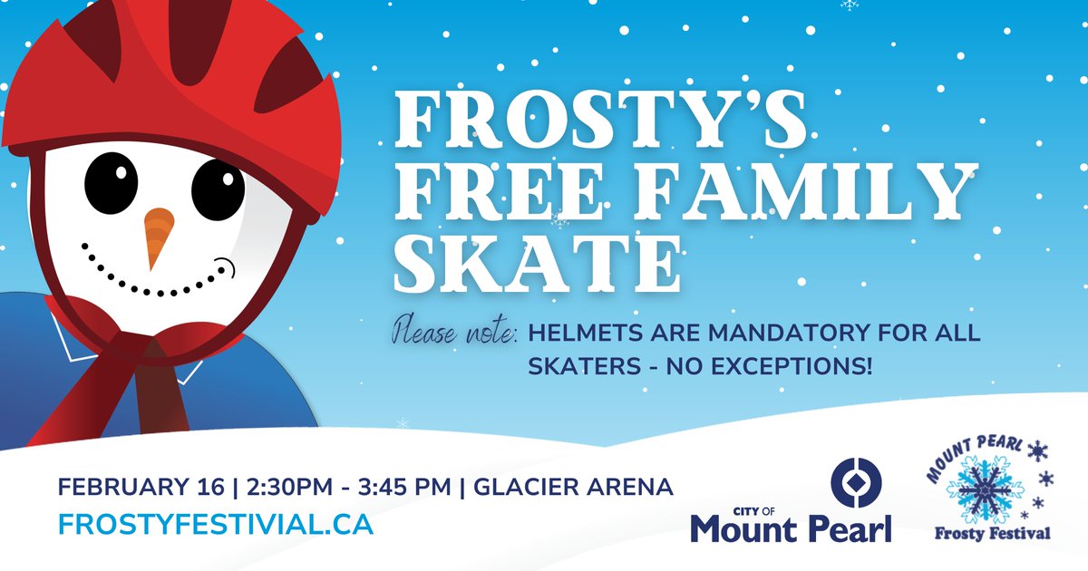 ❄️ Time to chill out at FROSTY'S FREE FAMILY SKATE!

Join us February 16th, 2:30-3:45 PM at Glacier Arena for some ice-tastic family fun!

Helmets required, smiles guaranteed! ⛸️✨ 

 #FrostyFestival #MountPearl