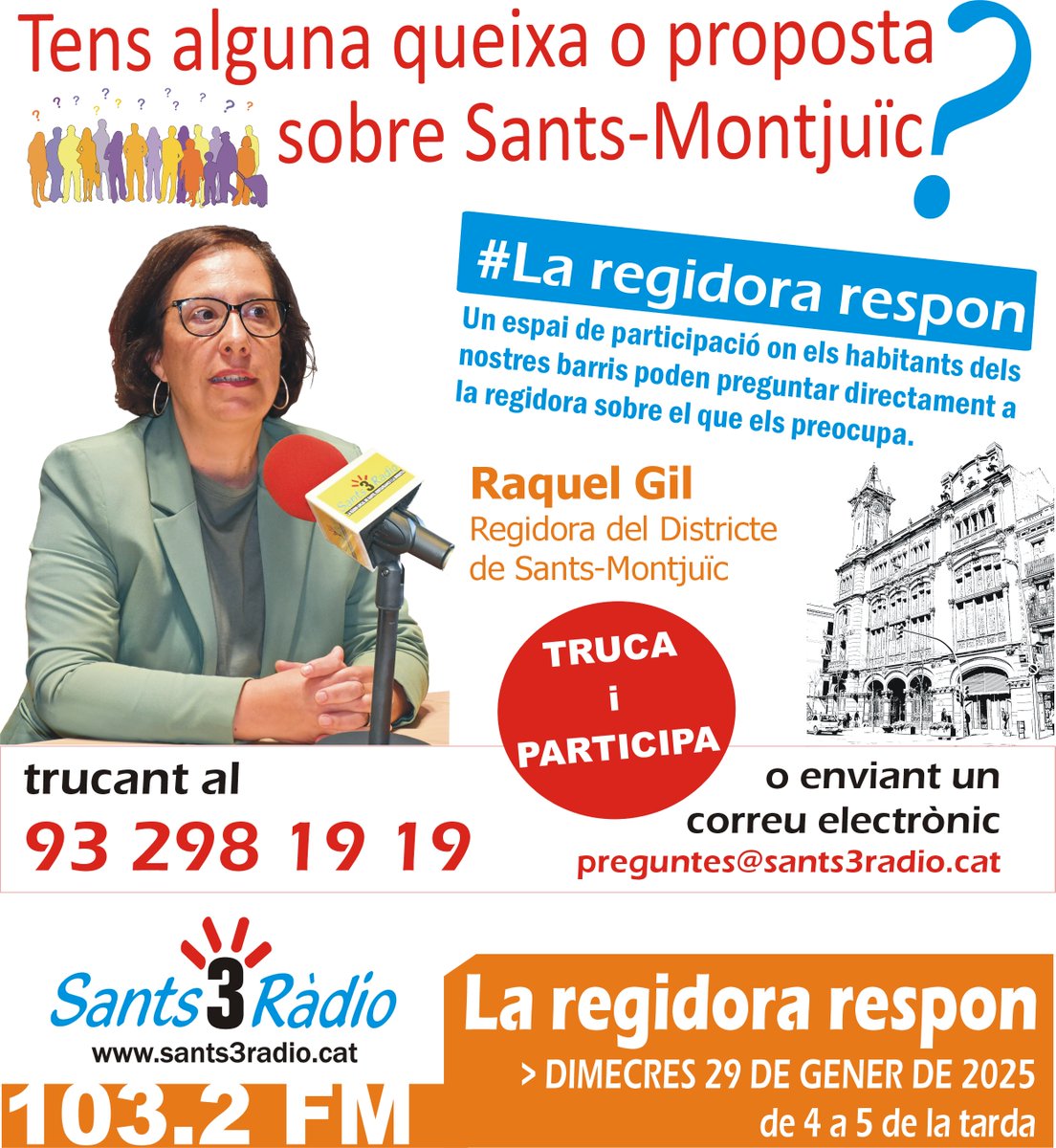 sants3radio's tweet image. Primer programa #LaRegidoraRespon de l'any!🗣️📻

Demà dimecres, de 4 a 5 de la tarda, una nova edició de #LaRegidoraRespon amb la @rgileiroa, on podreu fer-li arribar queixes i suggeriments sobre els barris del @BCN_SantsMont.

Truqueu en #directe ☎️93 298 19 19 i participeu!
