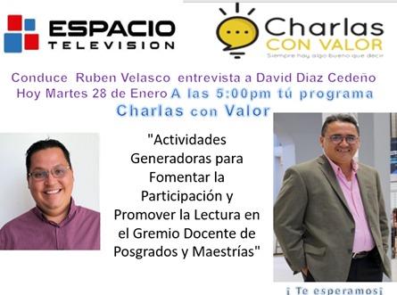 ConCharlas's tweet photo. Hoy en el programa #Charlasconvalor en @EspacioTVMX conduce @LuisRubenVG y el invitado especial @Diazceden1David https://t.co/sflQxHUjOl