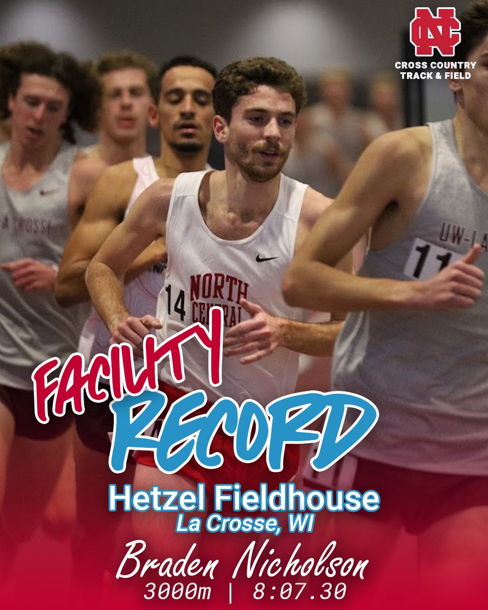 NCCMensXCTF's tweet photo. IN THE EAGLE’S NEST

Braden Nicholson racks up another facility record in La Crosse at Hetzel Fieldhouse on Saturday in the 3000m.

Nicholson’s mark ranks number 15 ALL TIME NCAA Division III AND number 2 ALL TIME on 200m flat tracks.

#31Stripes https://t.co/STUmtVVjPs