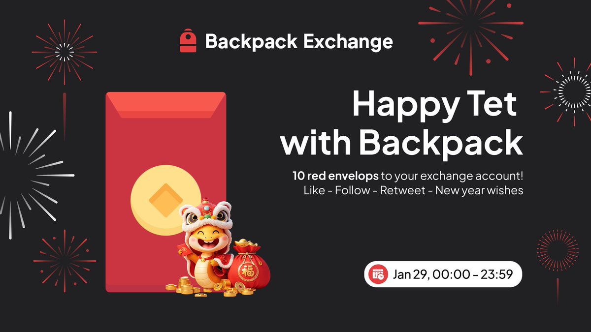 Backpack_VN's tweet photo. 🌟 Chúc mừng năm mới từ Backpack! 🌟
Backpack gửi lì xì đầu năm với 10 bao lì xì đỏ dành tặng người dùng may mắn! 🧧✨

Cách tham gia:
1️⃣ Like, follow và chia sẻ bài viết này
2️⃣ Bình luận alias sàn & lời chúc năm mới của bạn 🎉

Người thắng cuộc sẽ được công bố trong phần bình luận sau khi sự kiện kết thúc. Chúc bạn may mắn! 🍀
#TetNguyenDan