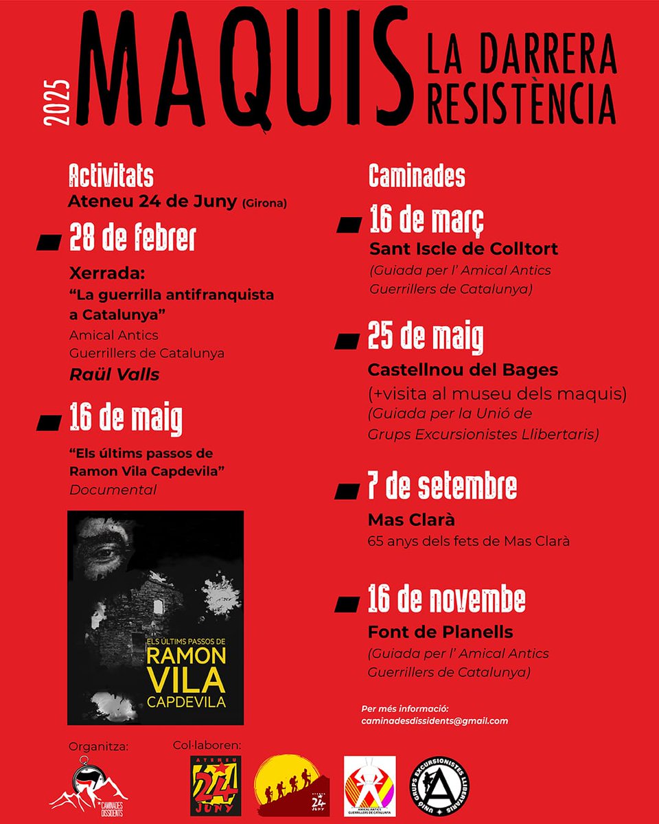 Enguany les caminades i activitats que organitzem amb el suport de l'Ateneu 24 de juny  giren a l'entorn de l'univers maqui. 

Hi col·laboren Amical Antics Guerrillers de Catalunya i la Unió de Grups Excursionistes Llibertaris.

Ben aviat més informació!

Hi esteu convidades!