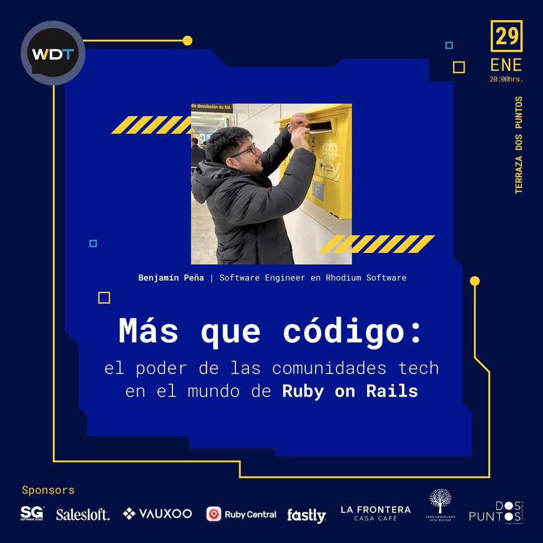 webdevtalksmx's tweet image. ¡Última oportunidad! 🚨 Este miércoles 29 de enero en Terraza Dos Puntos, acompaña a @benjaminpena_ (Software Engineer en Rhodium Software) con su charla: “Más que código: El poder de las comunidades tech en Ruby on Rails” 🧑🏻💻
🎟 Registro obligatorio aquí: wdt-enero-2025.boletia.com