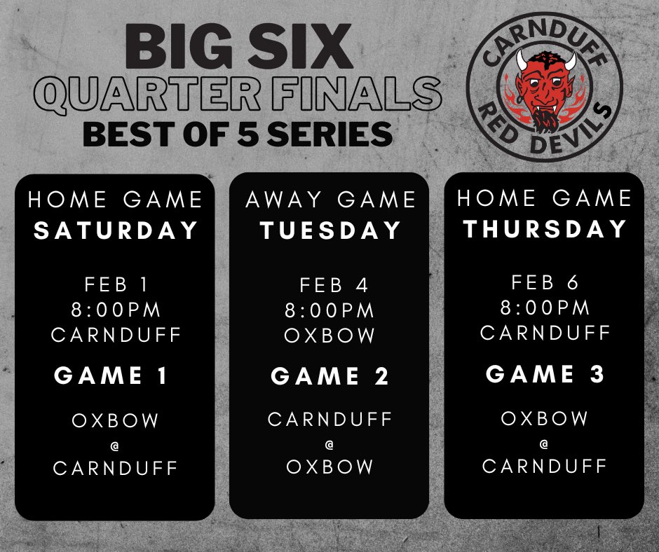 The first 3 games of the best of 5 league quarterfinal vs <a href="/OxbowHuskies/">Oxbow Huskies</a> have been scheduled