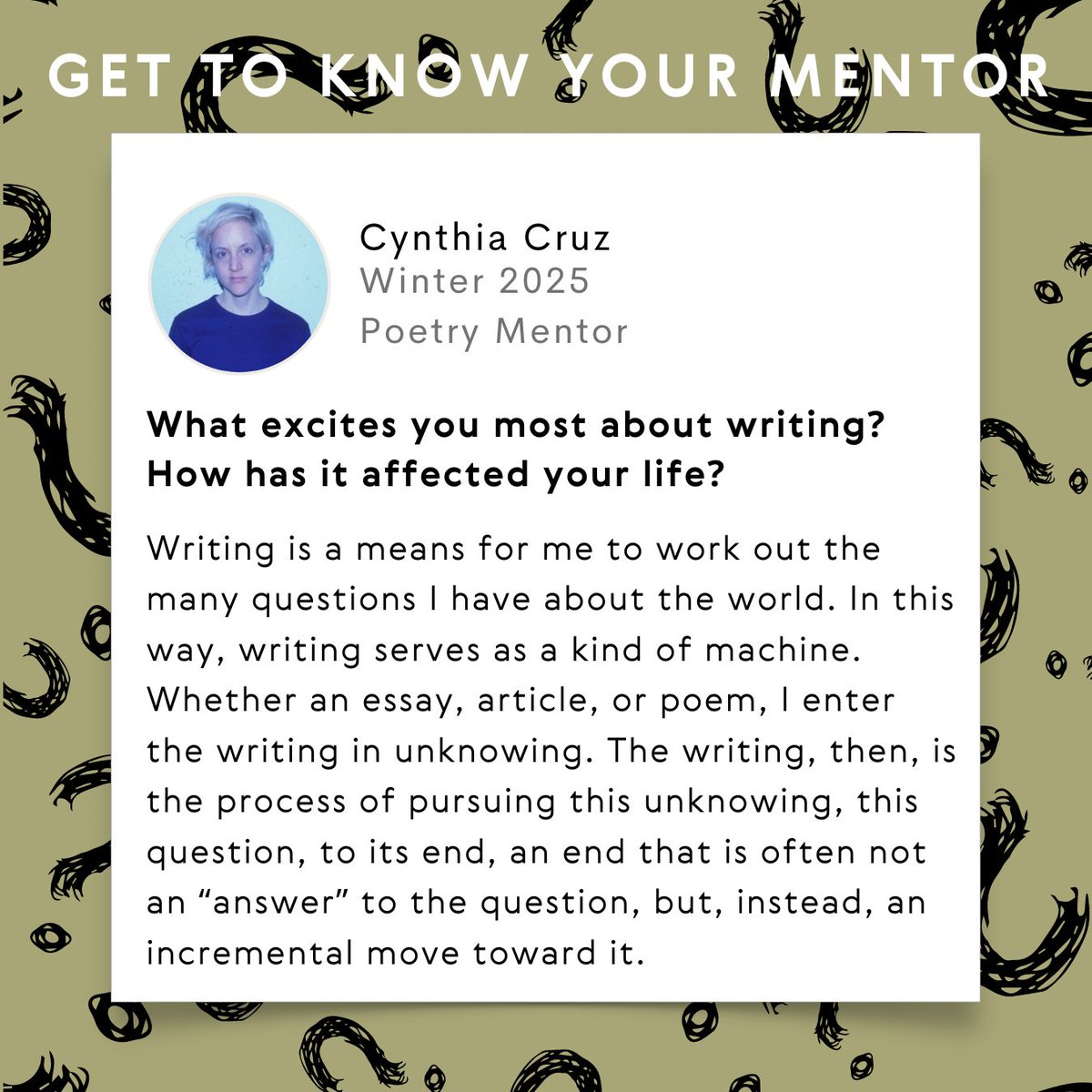 PocketMFA's tweet image. What excites Cynthia Cruz about writing?
How about you?
#PocketMFA #WritingProgram #MFA #Writing #Poetry #Fiction #Journalism #WritersCommunity #Reading #Writers