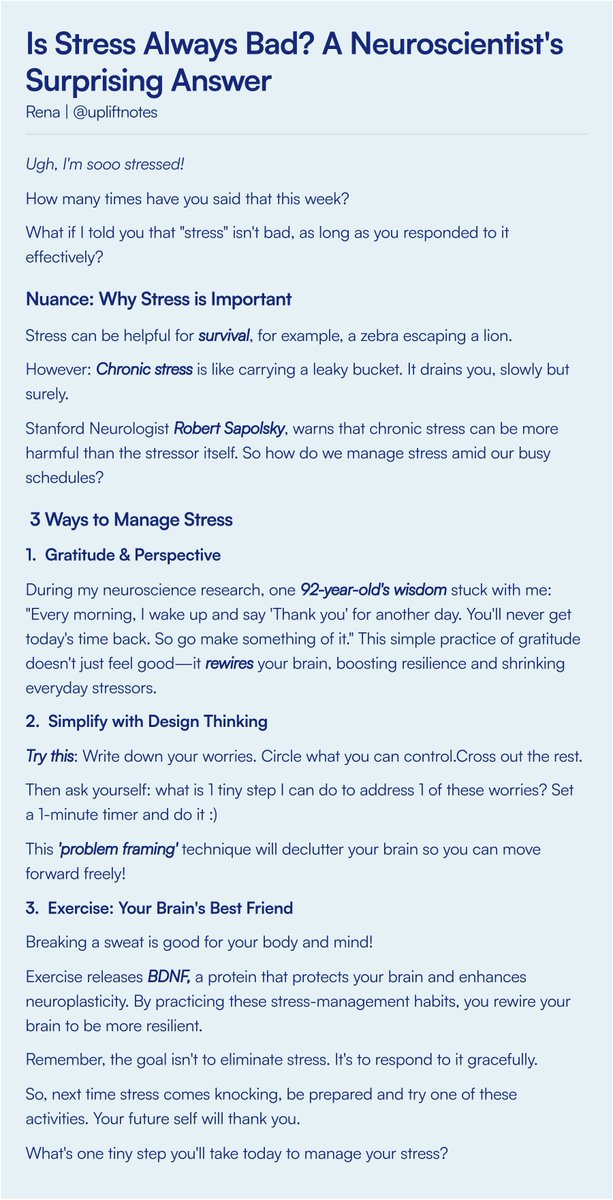 uplift_notes's tweet image. Is Stress Always Bad? 

A Neuroscientist&apos;s Surprising Answer ⬇️