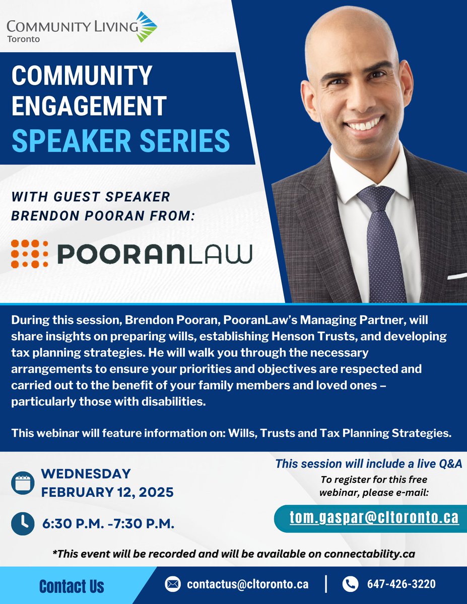 Join us for the next session in CLTO’s Community Engagement Speaker Series with Brendon Pooran from <a href="/pooranlawpc/">PooranLaw - Lawyers and Advocates for Inclusion</a>! During the session, Brendon will share insights on preparing wills, establishing Henson Trusts, &amp; developing tax planning strategies. Plus, a Q&amp;A for your questions!