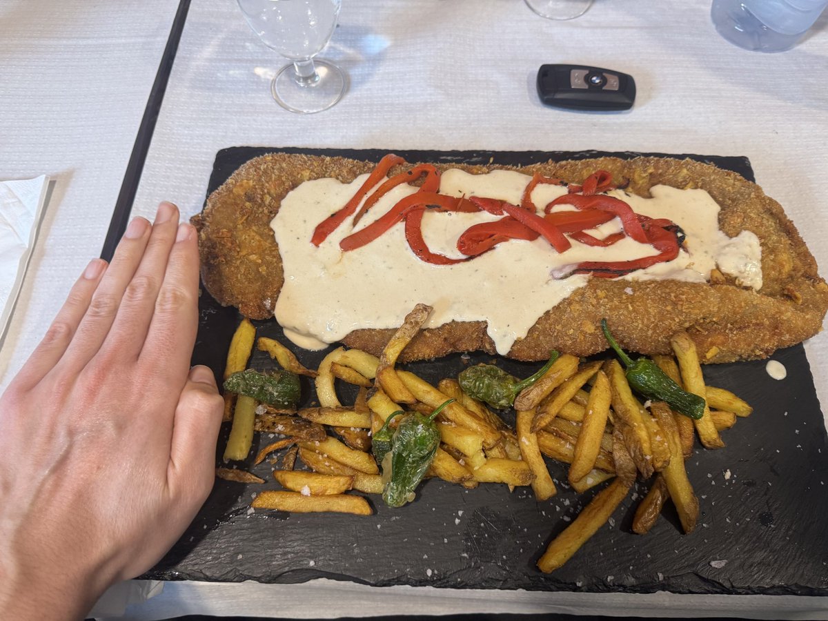 tychobrahe88's tweet photo. Aqui un ejemplar de #cachopo de kilo y medio como el que nos zampanos @mfuentesll2 y @maquilisto. Relleno de lacón, jamón, cebolla caramelizada y regado con salsa de cabrales.
Estos #cachopos deberían vivir en un hoyo de ⛳️ de par 7 mínimo 😵💫 https://t.co/iuqSACQiwL