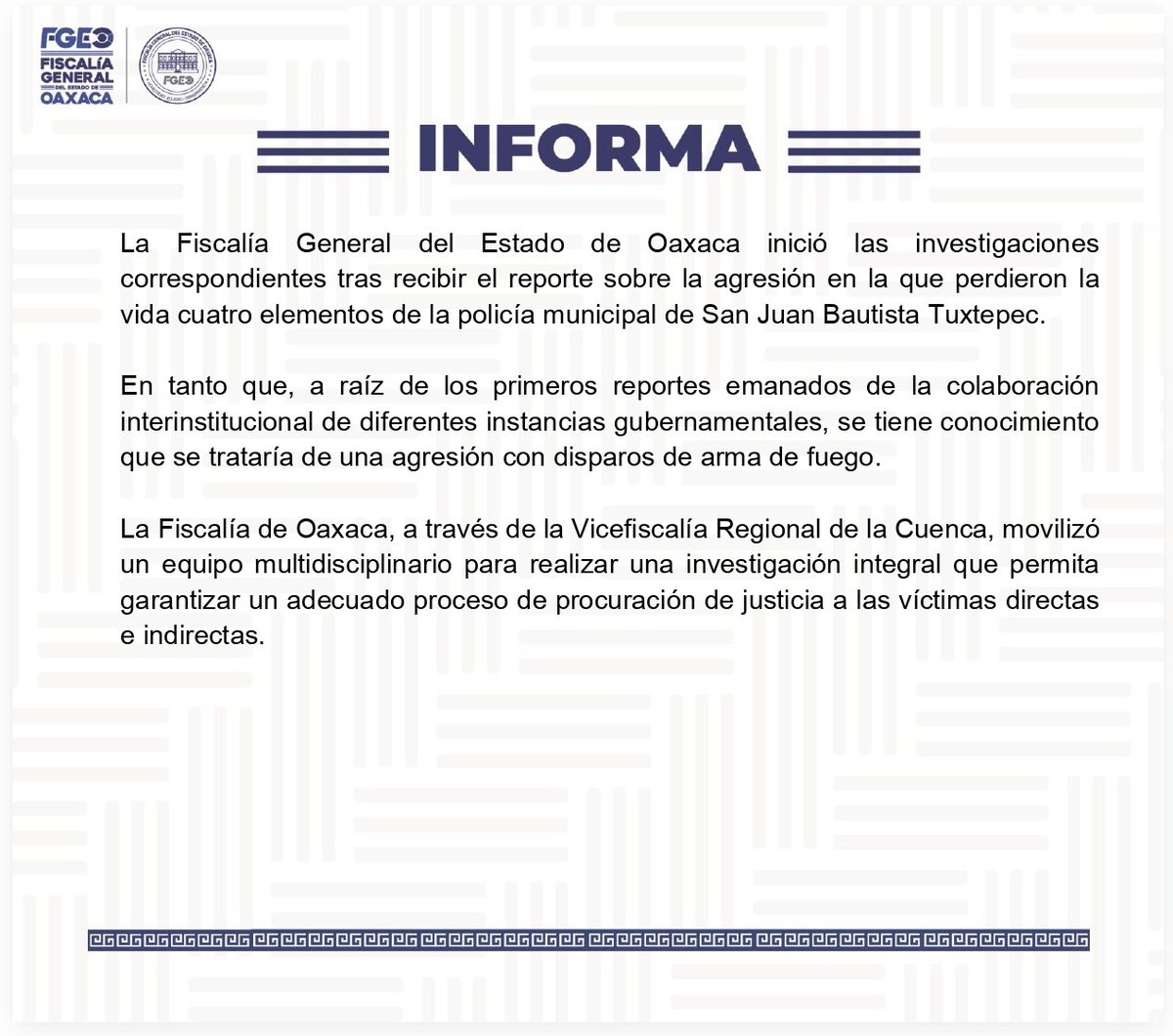 AztecaNoticias's tweet photo. #ÚltimaHora 🚨

La Fiscalía de Oaxaca informa que inició las investigaciones por el reporte de agresión a cuatro policías en San Juan Bautista Tuxtepec. 

Hasta el momento se sabe que fue una agresión con arma de fuego. https://t.co/lFhUqiWY1u