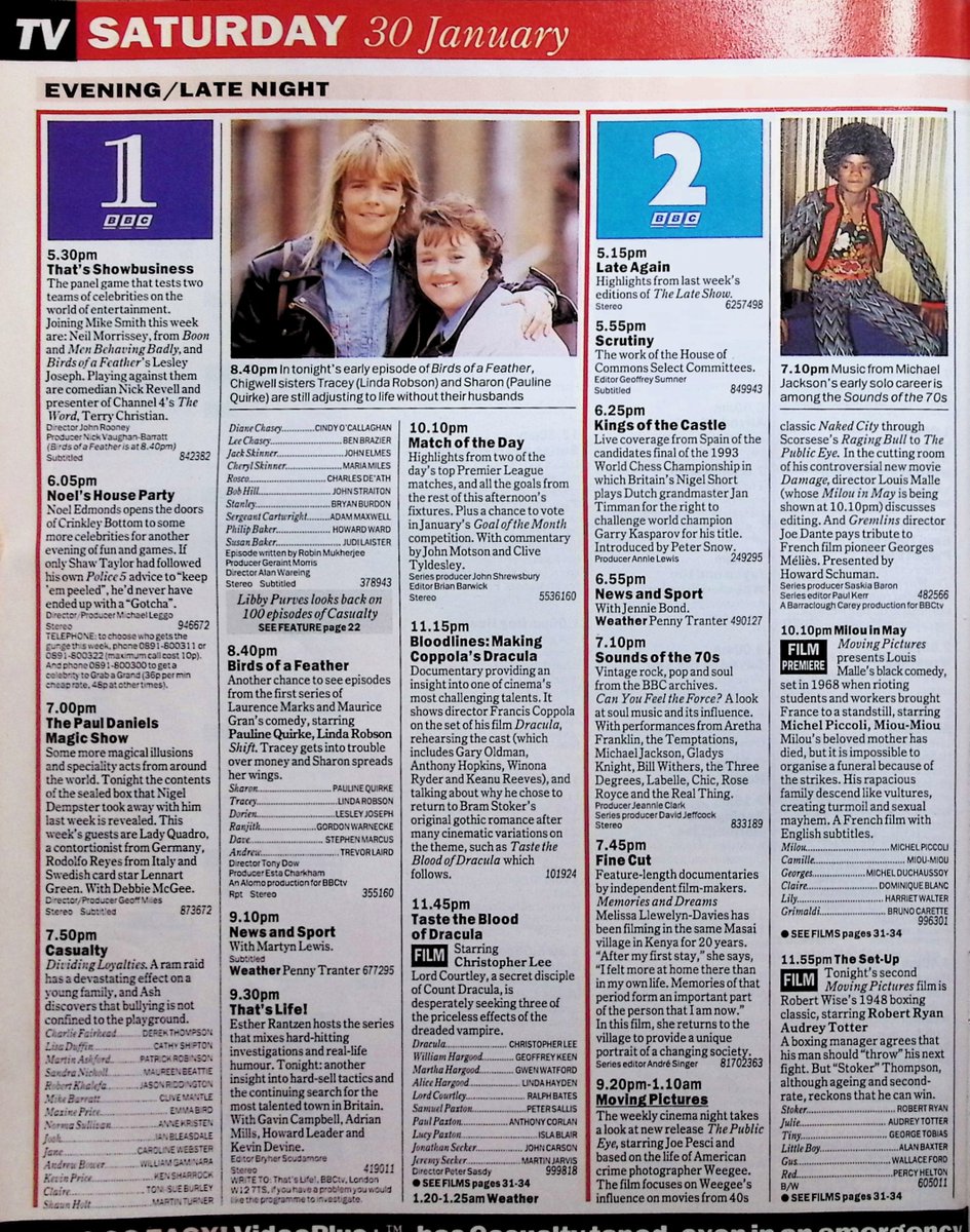TvDidYouSee's tweet photo. #OnThisDay 30 January 1993 📺TV Listings
"New heart-throb band" East 17 splash about with #StuartMiles in SATURDAY DISNEY.
#NeilMorrisey plays THAT'S SHOWBUSINESS.
Celebrating 100 episodes of #CASUALTY.
#JonathanRoss opens the SATURDAY ZOO again.
#CillaBlack has more BLIND DATE. https://t.co/aJU4fwNxpP