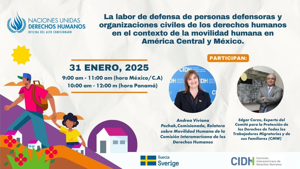 ONUDHmexico's tweet photo. 📌 Te invitamos al #webinar sobre la labor de personas defensoras y OSC de #DDHH en el contexto de la migración en #AméricaCentral y México, organizado por @CIDH y ONU Derechos Humanos.

🗓️31 enero 🕙9:00 am (CDMX)
📺En vivo: https://t.co/g9Sw26ikN8

Gracias a @SwedeninCOL https://t.co/41slP4J9B0