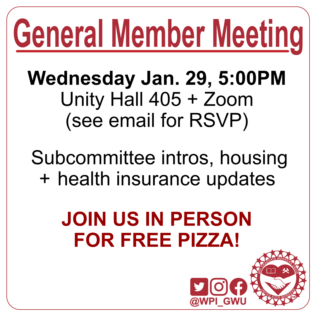 Our first General Membership Meeting of the semester is tomorrow at 5PM in UH405! If you're interested in learning about volunteering for subcommittees or housing/health insurance policy updates, come join us (and get some free pizza).