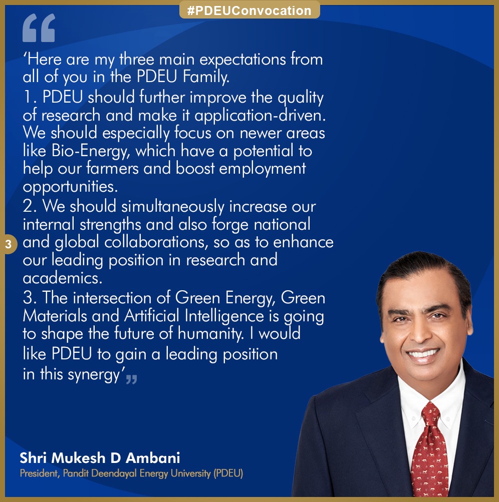 RIL_Updates's tweet photo. Key quotes from Pandit Deendayal Energy University (PDEU) President and RIL Chairman and Managing Director Shri Mukesh D Ambani’s address at the 12th Convocation of PDEU 

#PDEUConvocation #PDEU https://t.co/4iTf15l8i7