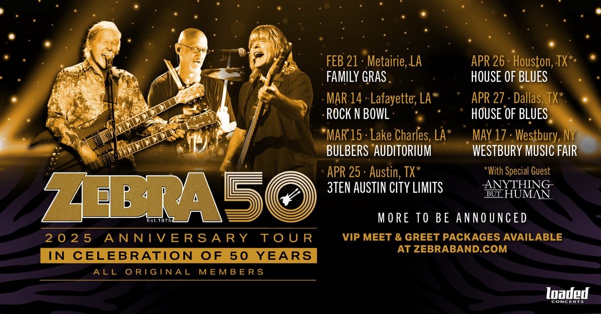 ZEBRA (@zebraband) on Twitter photo 2025 50th Anniversary Shows!
All tickets: bnds.us/ce7w7n
<a href="/LoadedConcerts/">Loaded Concerts</a> #2025Tour #50thanniversarytour #RockNRoll #texas 2025 50th Anniversary Shows!
All tickets: bnds.us/ce7w7n
<a href="/LoadedConcerts/">Loaded Concerts</a> #2025Tour #50thanniversarytour #RockNRoll #texas