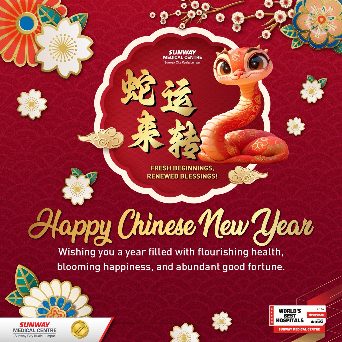 SunwayMedical's tweet photo. 𝗛𝗮𝗽𝗽𝘆 𝗖𝗵𝗶𝗻𝗲𝘀𝗲 𝗡𝗲𝘄 𝗬𝗲𝗮𝗿 from all of us at Sunway Medical Centre, Sunway City!

May the Year of the Snake usher in new opportunities and bring you renewed blessings of good health, happiness, and prosperity in the year ahead. https://t.co/CQHtCfwQzT