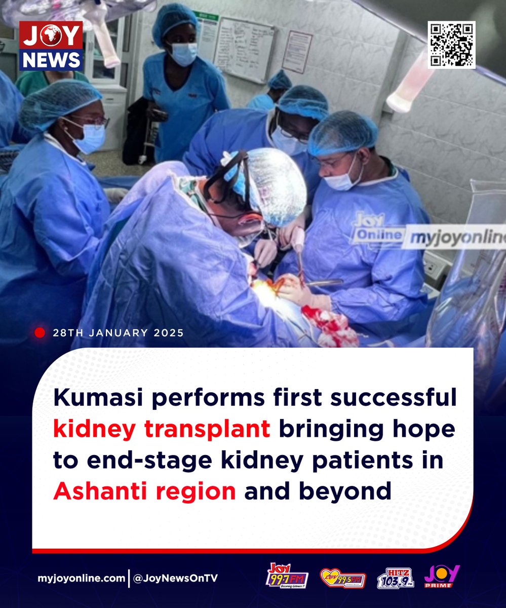 Joy997FM's tweet photo. Kumasi performs first successful kidney transplant bringing hope to end-stage kidney patients in Ashanti region and beyond.

#JoyNews https://t.co/igjFJLBBA3