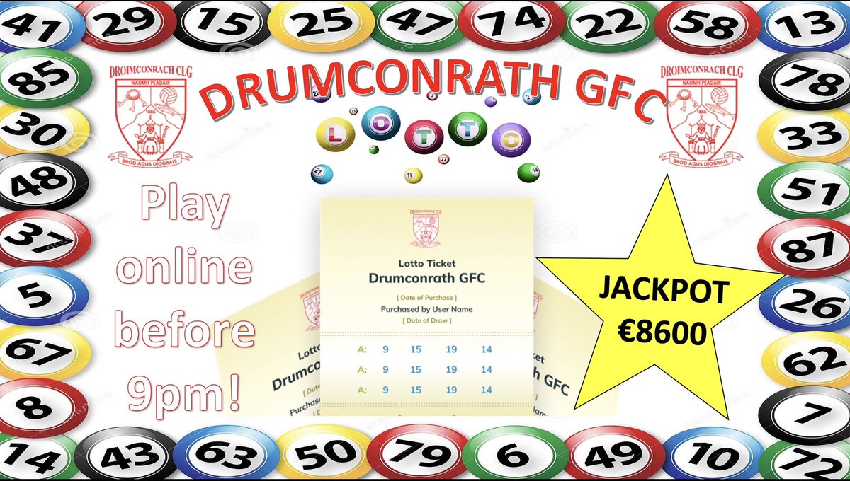💥FINAL REMINDER FOR CLUB LOTTO!💥
Only a few hours to go!! Don’t forget to play Drumconrath lotto for your chance of winning €8,600😍 Play online before 9pm at the following link tinyurl.com/ydwz4vwa