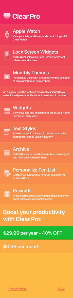 We're working on Clear Pro membership and are seeking some community feedback! (Syncing has also been in the works since the summer, and will be a part of Pro.)

Here's a forum post with more information. Will also be linking this in the app: club.useclear.com/t/clear-pro-an…