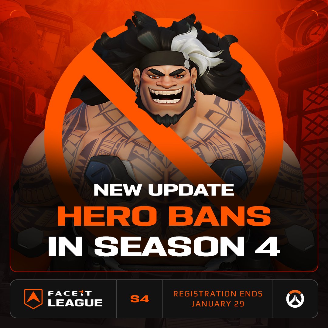 Hero Bans are coming to FACEIT League 🚫

Players across all divisions and regions can lock in their bans directly on FACEIT before each map, bringing more strategy and variety to every match as you climb to #OWCS!

⏰ Time's almost up, subscribe now: fce.gg/S4
