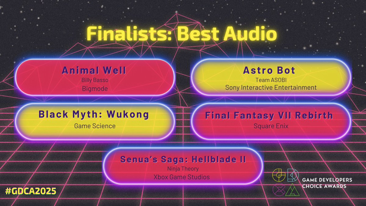 GDCA 2025 Finalists: Best Audio

Animal Well (<a href="/Billy_Basso/">Billy Basso</a>, <a href="/BIGMODEgames/">BIGMODE Games</a>)
Astro Bot (@TeamASOBI, <a href="/Sony/">Sony</a>)
Black Myth: Wukong (<a href="/BlackMythGame/">Black Myth</a>)
Final Fantasy VII Rebirth (<a href="/SquareEnix/">Square Enix</a>)
Senua's Saga: Hellblade II (<a href="/NinjaTheory/">Ninja Theory</a>, <a href="/XboxPublishing/">Xbox Game Studios Publishing</a>)
#GDCA2025