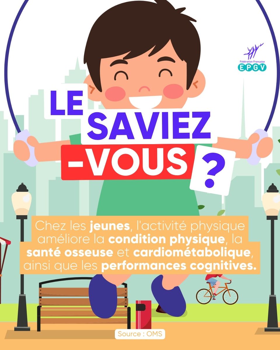 💡 Le Saviez-vous ?

Chez les jeunes, l’activité physique améliore :
✅ La santé osseuse et cardiométabolique
✅ La condition physique
✅ Les performances cognitives 🧠💪
Bouger, c’est préparer un avenir en pleine santé ! 🌟

#SportSanté #FFEPGV