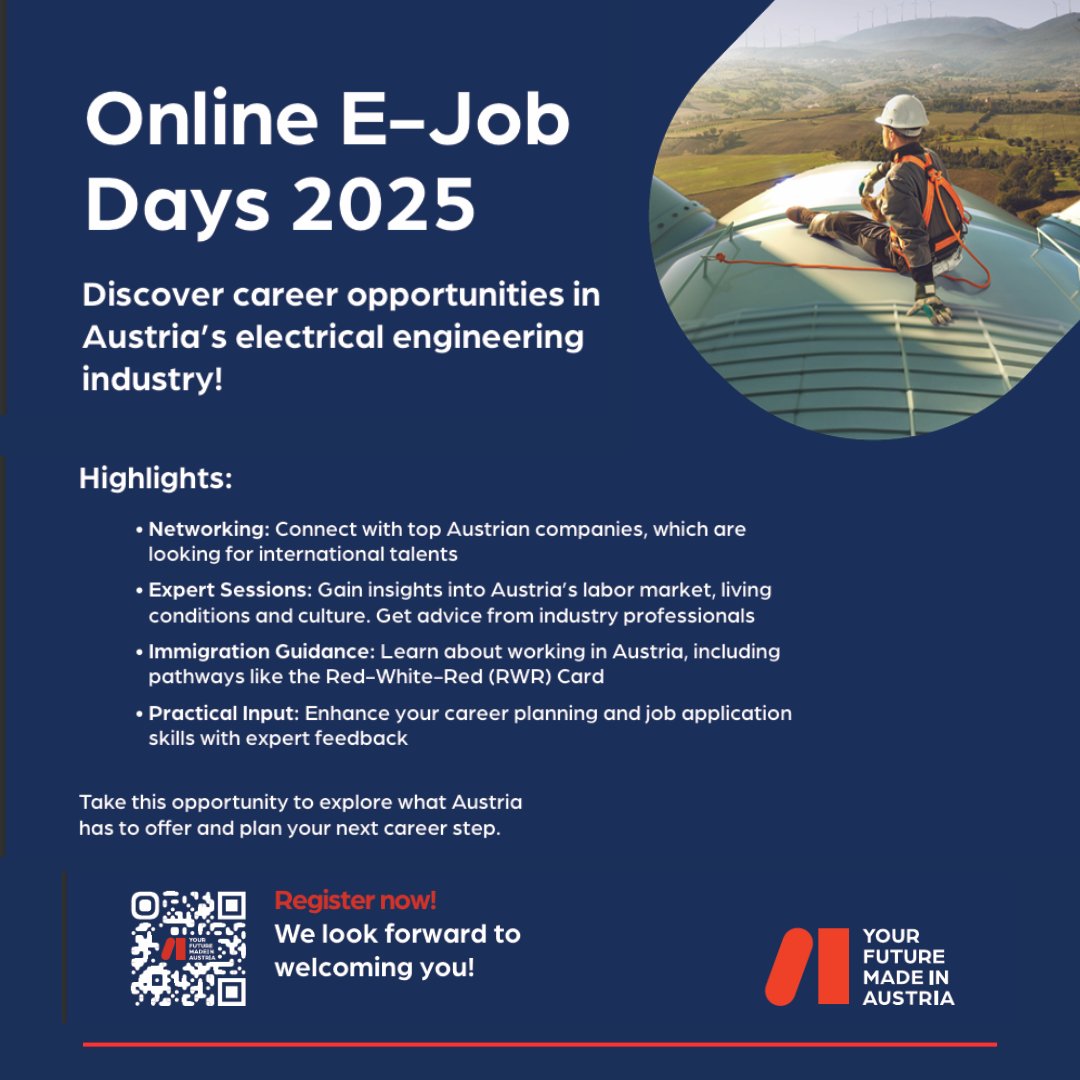 CPInst_ipn's tweet photo. ¿Estudias Ingeniería eléctrica y te interesa ampliar tus horizontes profesionales? ¡Descubre las oportunidades que Austria tiene para en la jornada de Online E-Job Days, 2025!

26 y 27 de febrero
Regístrate: https://t.co/HFRVXoT5yw https://t.co/AT9Tn0WypE