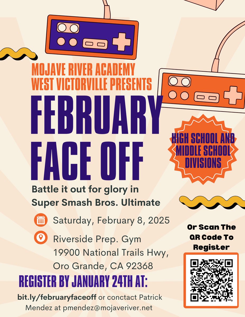 Esports teams, its time for another LAN competition. Bring your SSBU skills to the Mojave River Academy FEBRUARY FACE OFF!!! Open to Middle School and High School Students. Link to Register: bit.ly/februaryfaceoff