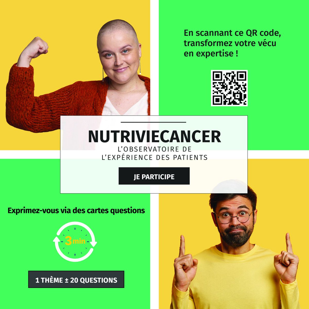 NutriVieCancer donne la parole aux patients et aux aidants autour du cancer. Le recueil des informations est anonyme, à travers des “cartes questions”. Les participants peuvent répondre via des messages vocaux ou écrits sur l'application dédiée gratuite. #cancer #nutrition