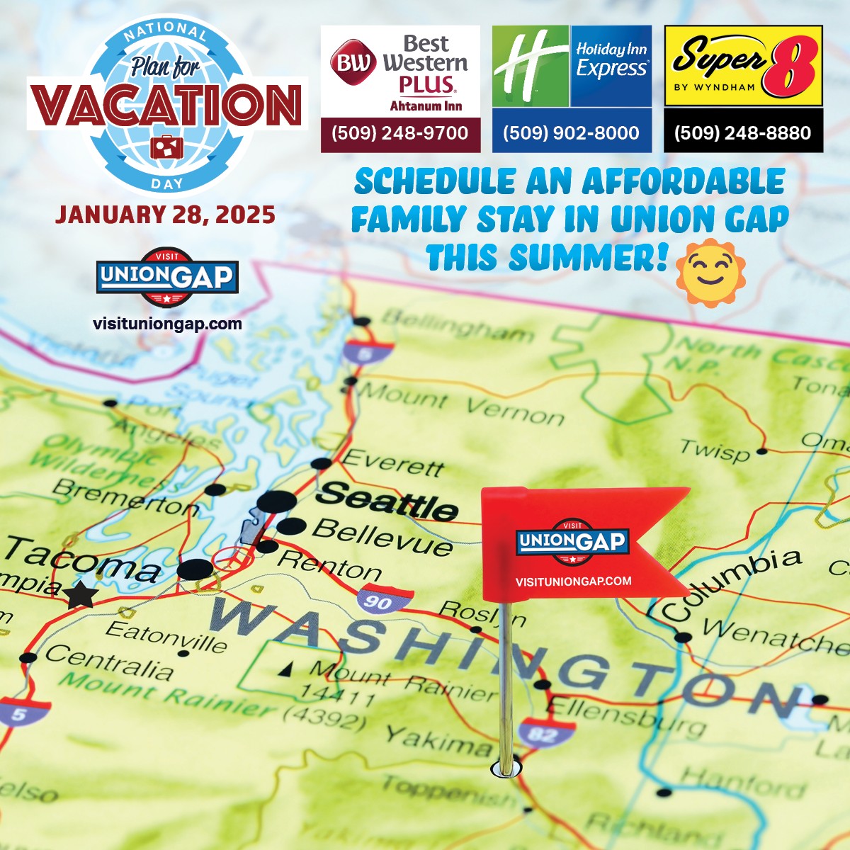 UnionGapWA's tweet photo. It's #NationalPlanForVacationDay! ๐ด Donโt be like 50% of Americans who leave vacation days unused. Studies show ppl who plan are 76% more likely to take their vacation & we all need time to recharge! ๐งณโจ Plan your getaway and boost your happiness today! ๐บ๏ธ #PlanForVacation https://t.co/jXktRh02MF