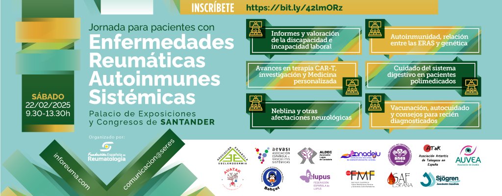 ☝️ En el marco del 10º Simposio de Enfermedades Autoinmunes Sistémicas, la Fundación Española de Reumatología va a organizar una Jornada dirigida a pacientes con Enfermedades Reumáticas Autoinmunes Sistémicas (ERAS). #pacientesEAS

🤔  ¿Te lo vas a perder?

Accede al programa