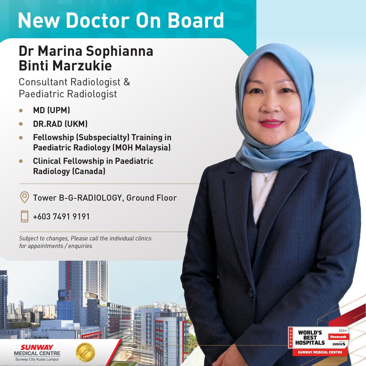 SunwayMedical's tweet photo. Meet the newest addition to our team of skilled specialists at Sunway Medical Centre, Sunway City - Consultant Radiologist &amp; Paediatric Radiologist, Dr Marina Sophianna Binti Marzukie!

Find out more about Dr Marina here: 
https://t.co/3OgVE0Mi0v https://t.co/k1dqWmrke5