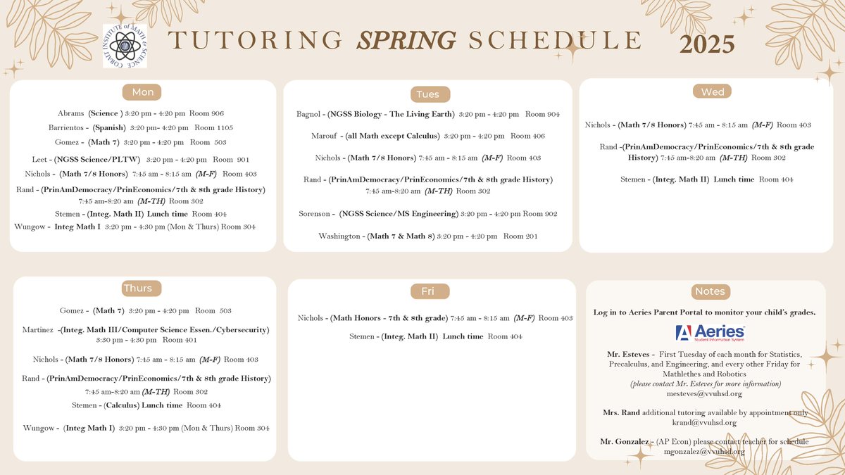 Spring 2025 Tutoring Schedule is Here!

We’re excited to announce that the Spring 2025 tutoring schedule is now available! If your child could use a little extra help with their studies, this is a fantastic resource to provide them with the support they need to succeed.
