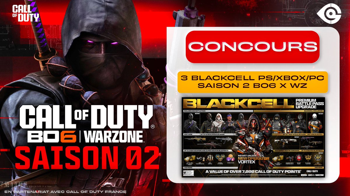 🎁 CONCOURS 🎁
Gagne 1 code BlackCell pour la Saison 2 de #BlackOps6 &amp; #Warzone.
(1 PlayStation - 1 Xbox - 1 Steam - 1 BNET)

🔄 RT ce post
✅ Follow <a href="/CoDQG_/">CoDQG 🇫🇷 - Call of Duty FR</a>
💬 Dis-nous sur quelle plateformes tu joues

En partenariat avec <a href="/CallofDutyFR/">Call of Duty France</a> - #ad
Tirage au sort le 31 janvier - 18h.