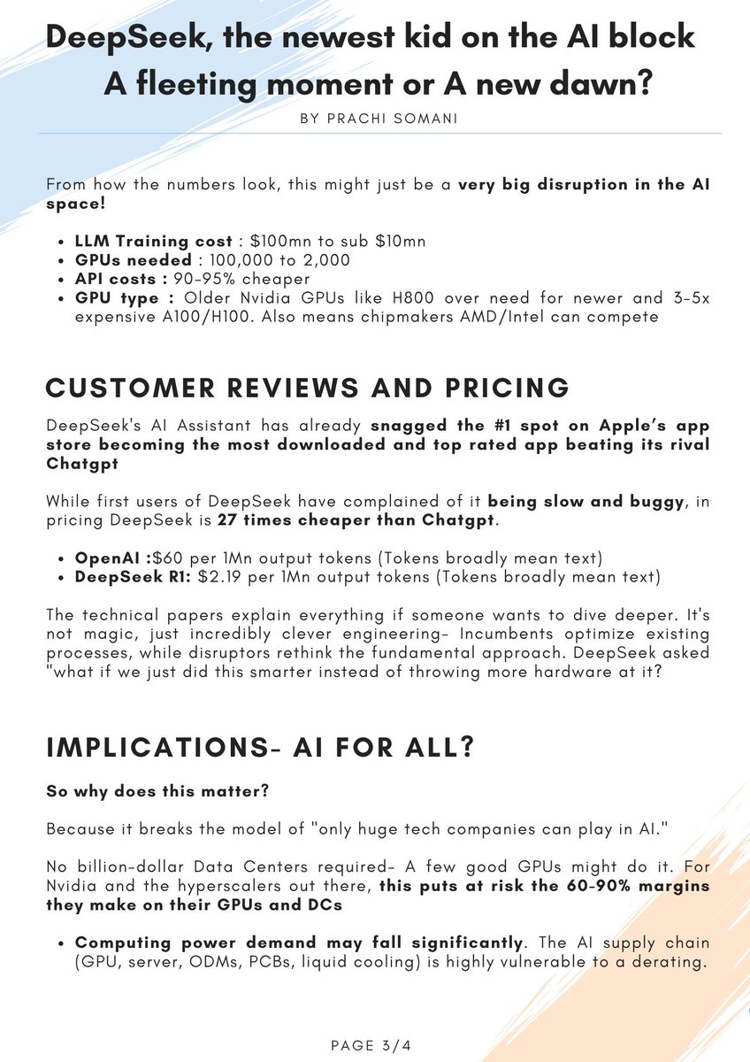 prachisomani21's tweet photo. Over the past few days a lot has been said and written about #DeepSeek and how it has impacted #Nvidia and other US big tech stocks! DeepSeek's clever re-engineering of training of LLMs is poised to transform how the world leverages AI. A small note encapsulating all this! https://t.co/2CqkOGqDXn